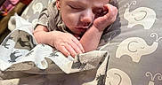 Elijah is registered to the contest to win money with this photo: newborn, baby, sleeping, infant, portrait, face, hand, blanket, pillow, nursery, bed, home, cozy, gray, elephant_pattern, reindeer_pattern, resting, peaceful, close_up, indoors