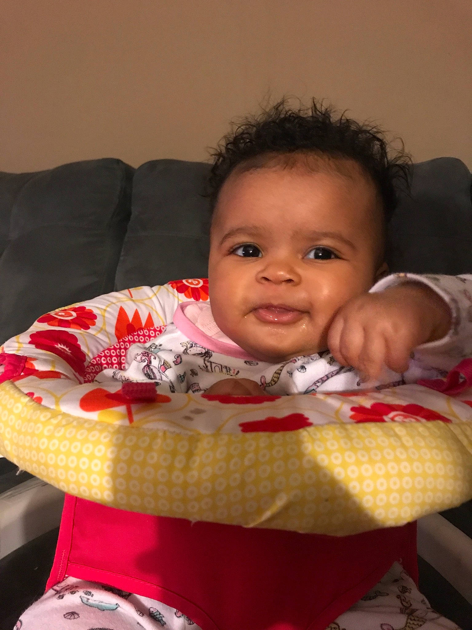 Monroe is registered to the contest to win money with this photo: cheek, child, girl, infant, person, product, sitting, skin, smile, toddler