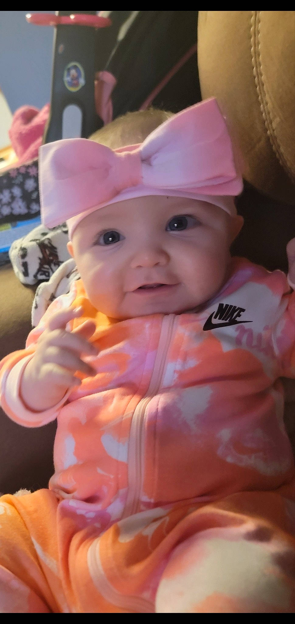 Skylee is registered to the contest to win money with this photo: baby, baby_toddler_clothing, cap, cheek, child, costume_hat, event, fun, gesture, happy, headwear, human, lip, mouth, party_hat, party_supply, person, pink, skin, smile