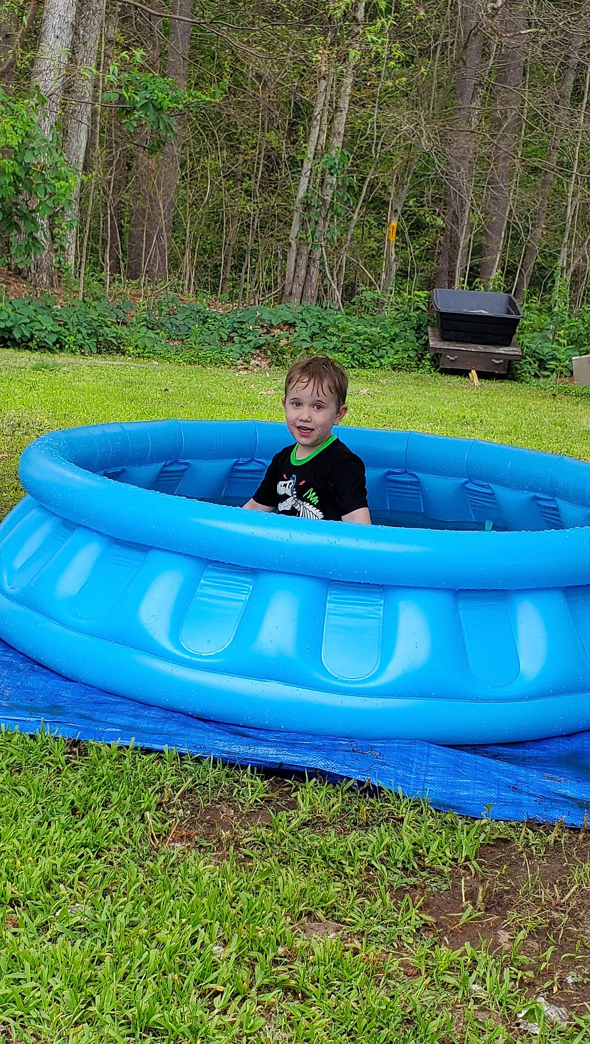 Derek is registered to the contest to win money with this photo: bench, comfort, electric_blue, fun, games, grass, inflatable, joy, leisure, nonbuilding_structure, person, plant, play, recreation, rectangle, smile, toddler, tree
