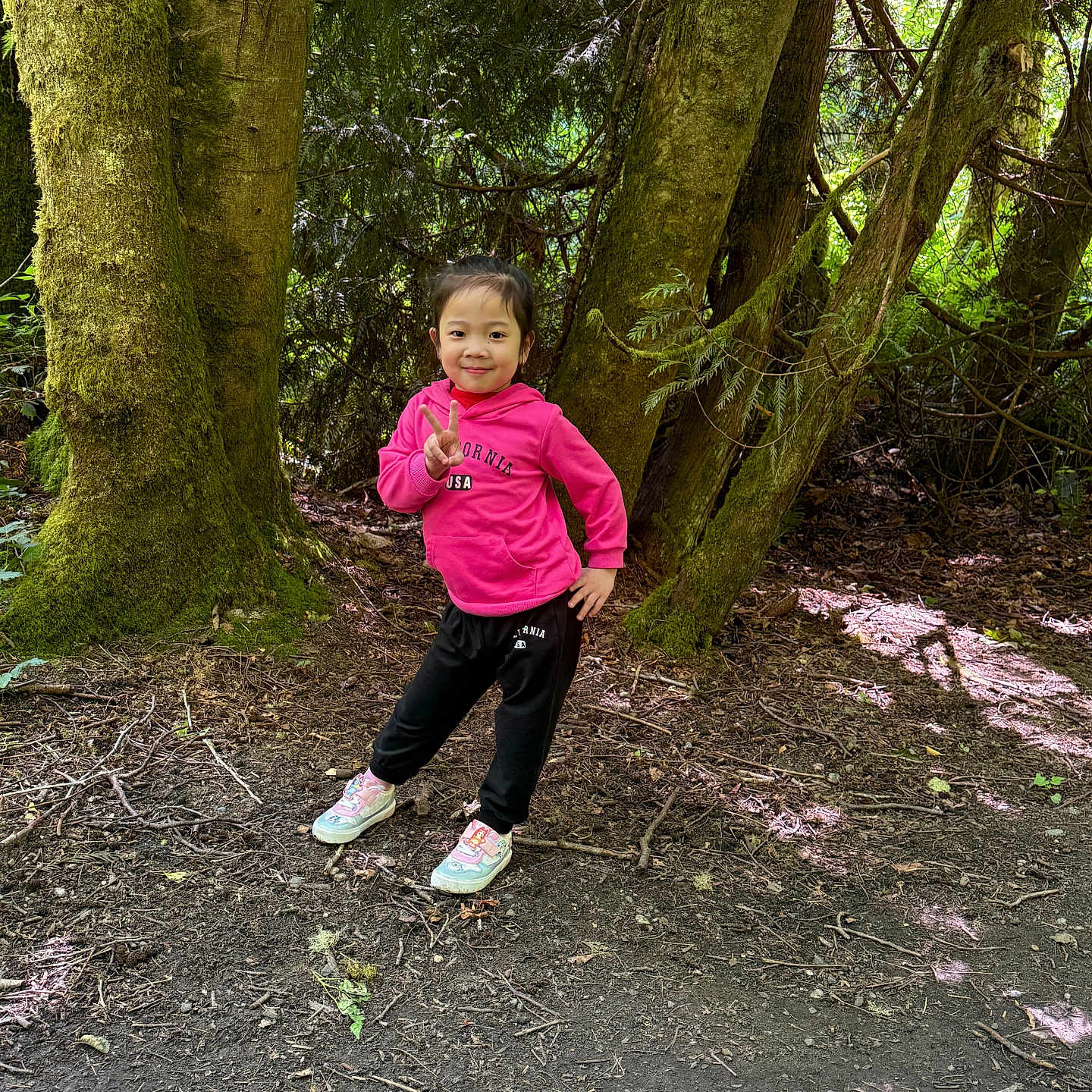 Jayanne Rose Saldo joined the competition — help win amazing prizes! black_pants, branches, child, forest, ground, hoodie, leaves, moss, nature, outdoor, peace_sign, person, pink_clothing, playful, smiling, sneakers, standing, sunlight, tree, young