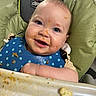 baby, messy_face, high_chair, blue_bib, food, eating, smiling, happy, face, child, indoor, feeding, infant, plate, table, clothing, person, cute, dining, meal