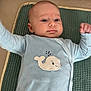 baby, infant, child, onesie, whale, blue_clothing, lying_down, raised_arms, green_mat, textured_mat, beige_background, cute, portrait, face, head, skin, eyes, mouth, small_hands, soft_fabric