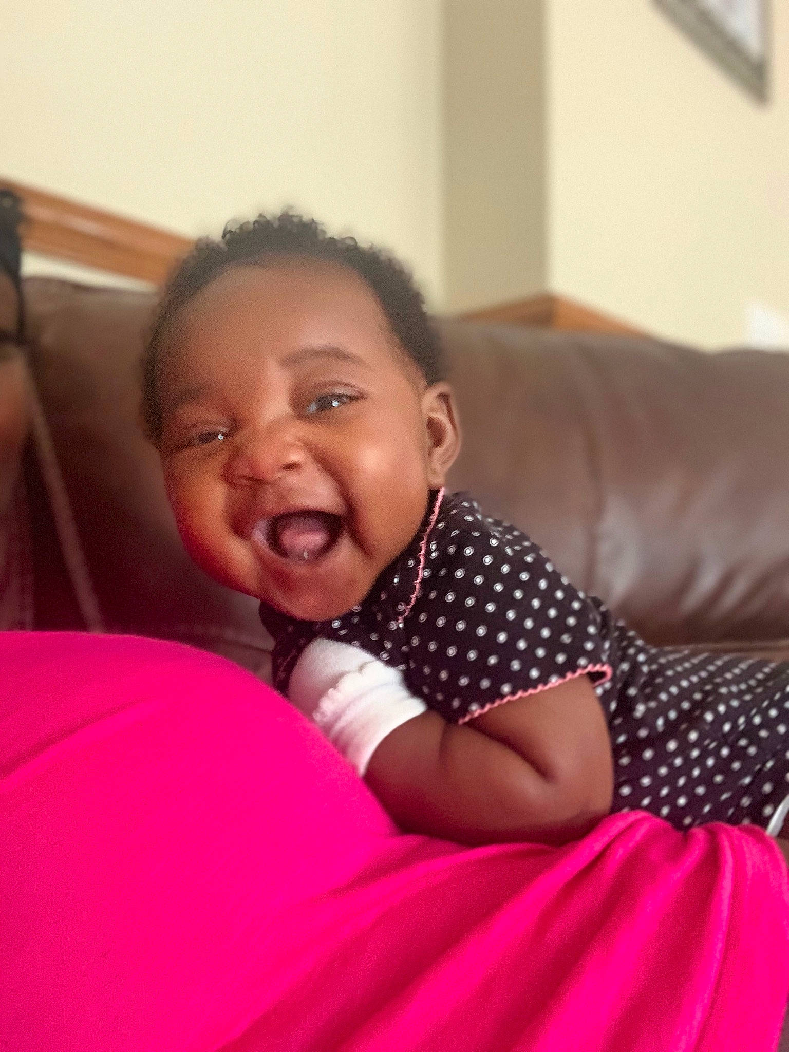 Yemaya is registered to the contest to win money with this photo: baby, beauty, birth, cheek, child, daughter, face, facial_expression, happy, head, joy, lip, magenta, nose, person, pink, sitting, skin, smile, toddler