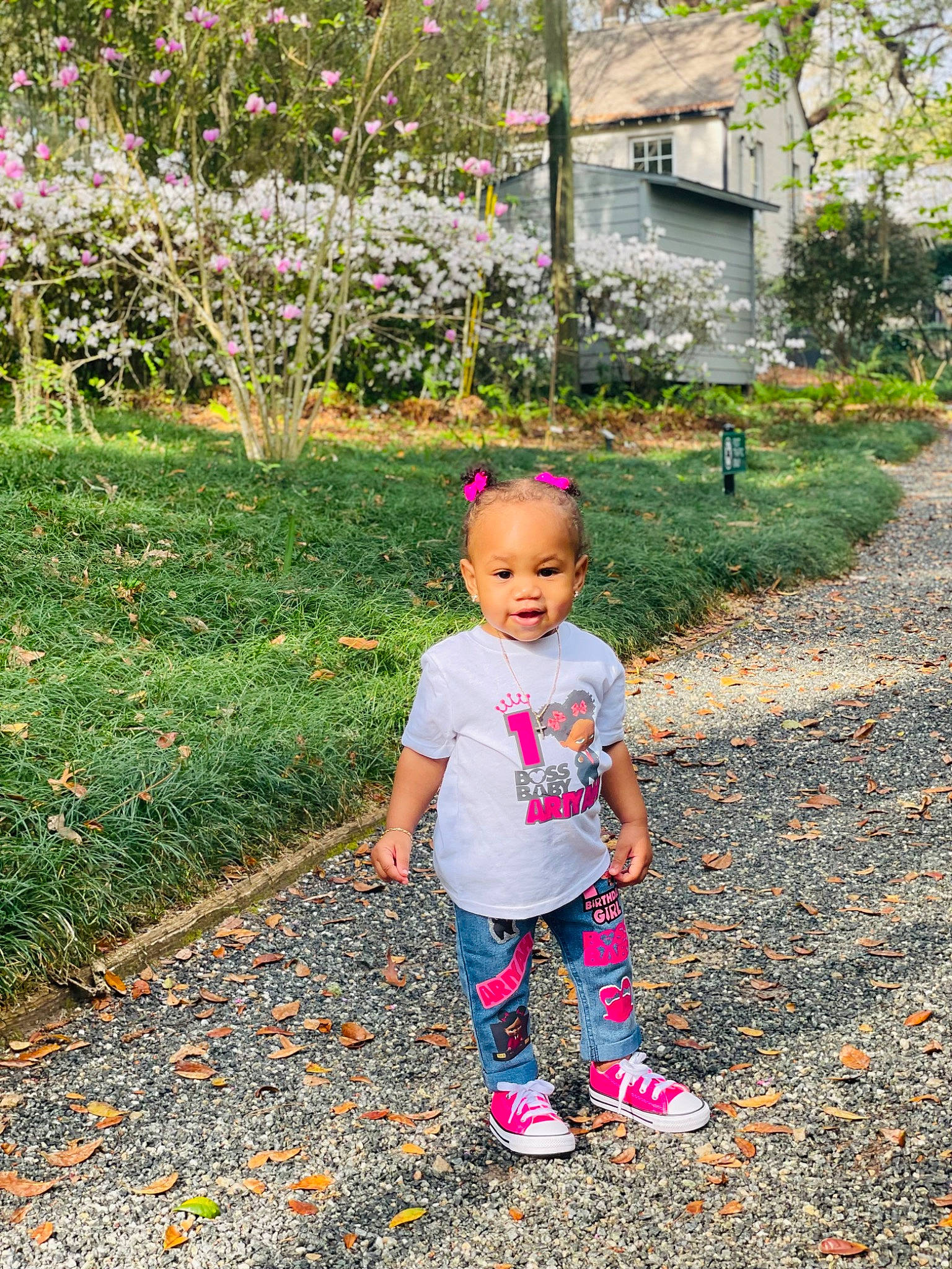 Ariyah is registered to the contest to win money with this photo: baby_toddler_clothing, botany, deciduous, fun, garden, grass, happy, landscape, leaf, leisure, magenta, people_in_nature, person, plant, recreation, sidewalk, tints_and_shades, toddler, tree, walking