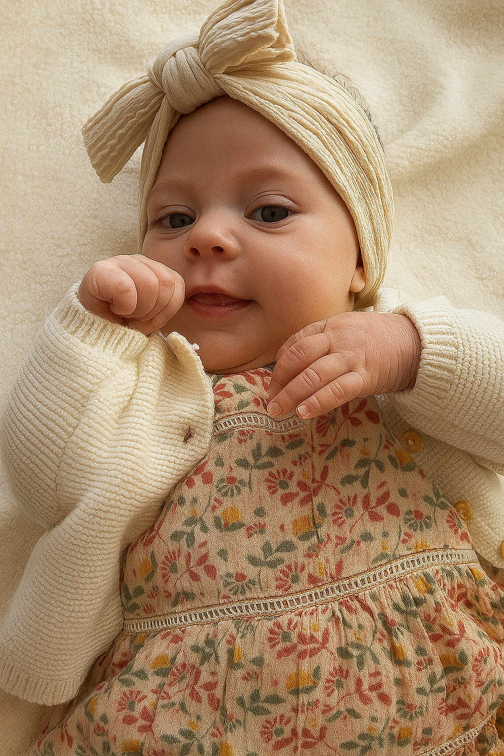 Ellie a rejoint le concours — aidez-le/la à gagner de superbes lots ! baby, infant, headband, bow, sweater, floral_dress, blanket, closeup, cute, smiling, child, soft_texture, warm_colors, portrait, skin, hand, face, cozy, lying_down, young_child