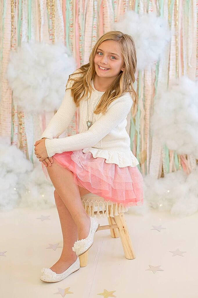 Kalleigh is registered to the contest to win money with this photo: beauty, blond, child, child_model, clothing, dress, human_leg, joy, leg, long_hair, person, photo_shoot, photography, pink, shoe, sitting, thigh, white
