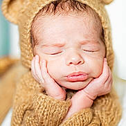 Jackson joined the competition — help win amazing prizes! newborn, baby, sleeping, portrait, teddy_bear, costume, hood, ears, hands, face, closed_eyes, peaceful, cozy, blanket, soft, brown, infant, cute, studio_lighting, close_up