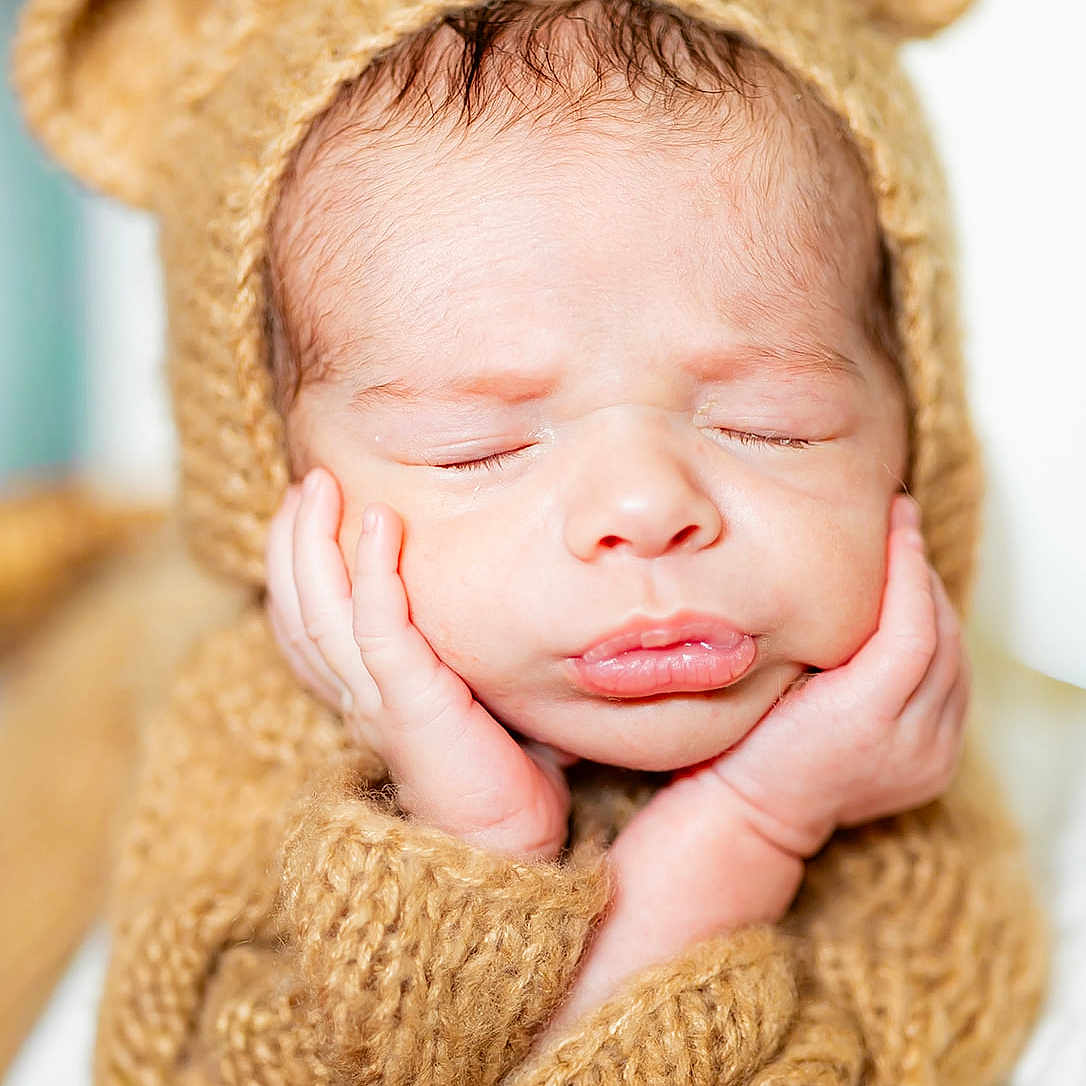 Jackson joined the competition — help win amazing prizes! newborn, baby, sleeping, portrait, teddy_bear, costume, hood, ears, hands, face, closed_eyes, peaceful, cozy, blanket, soft, brown, infant, cute, studio_lighting, close_up