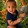 toddler, child, jungle, greenery, vine, monkey, giraffe, lion, elephant, cartoon_animals, outdoor, nature, smiling, cute, baby, portrait, playful, forest, leaf, adventure