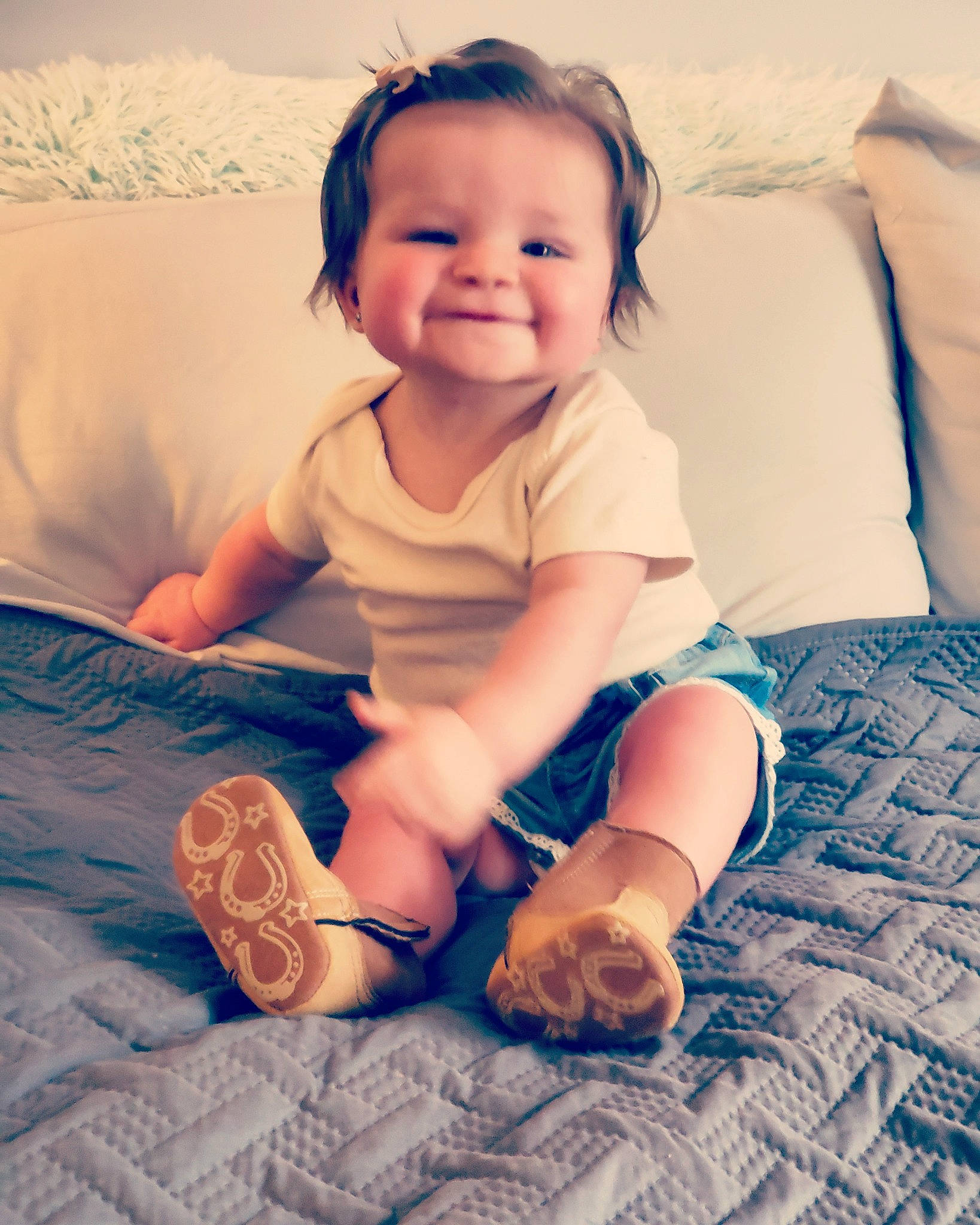 Finley is registered to the contest to win money with this photo: baby, baby_toddler_clothing, comfort, eye, facial_expression, finger, flash_photography, hairstyle, happy, head, human_body, joy, mouth, person, shoulder, skin, sleeve, smile, standing, sunlight