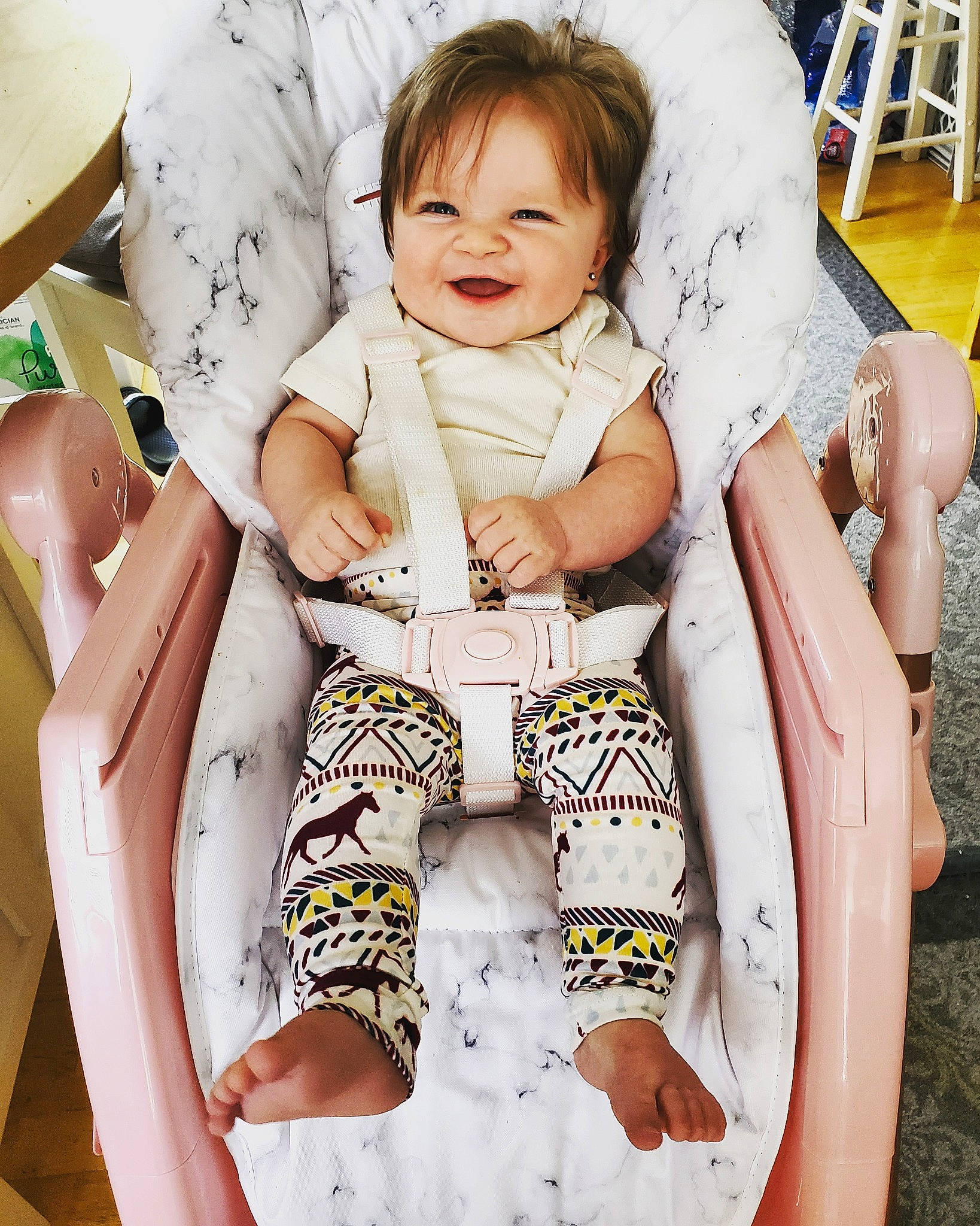 Finley joined the competition — help win amazing prizes! arm, baby, baby_toddler_clothing, chair, child, comfort, facial_expression, finger, gesture, hand, happy, human_body, joy, knee, leg, person, skin, sleeve, smile, thigh