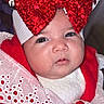 accessory, adorable, baby, bow, child, closeup, costume, cute, expression, eyes, face, fashion, headband, holiday, indoors, infant, person, portrait, red_clothing, soft_lighting