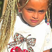 Ancana participe au concours pour gagner de l'argent avec cette photo : braids, casual_clothing, cherry_graphic, child, cute, face, fashion, hair, head, leopard_print, outdoor, person, portrait, screenshot, serious_expression, social_media, sunlight, user_interface, white_shirt, young_girl
