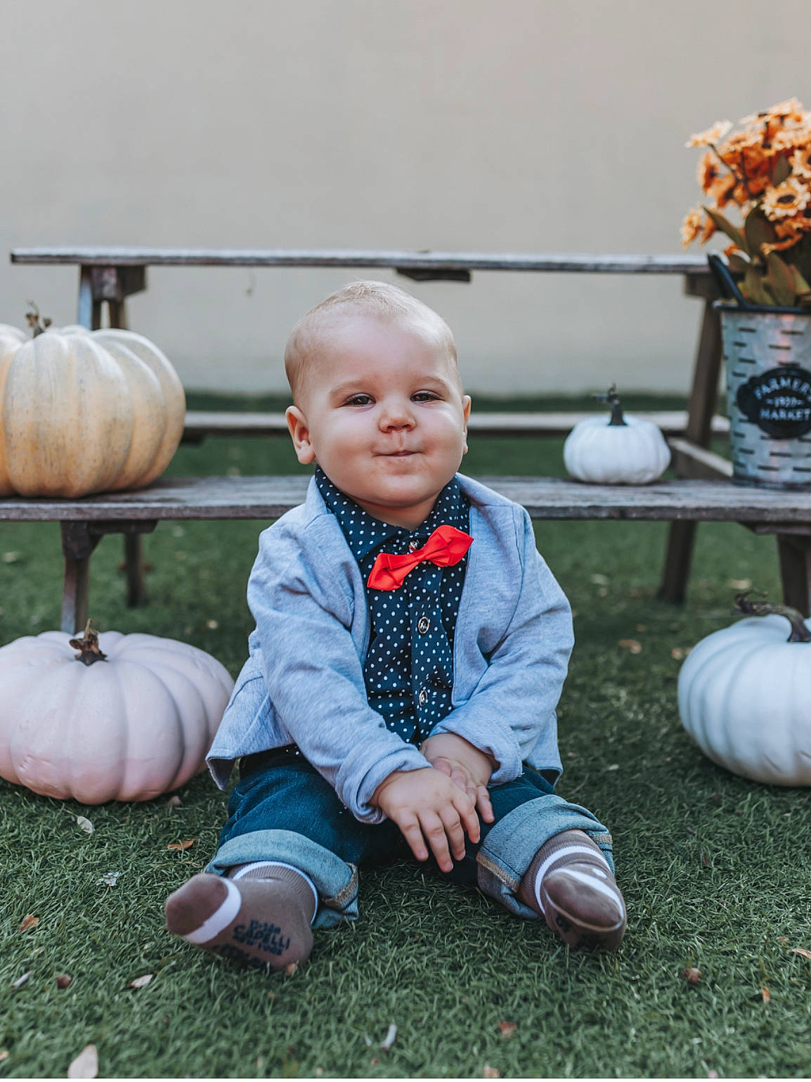 Gunner joined the competition — help win amazing prizes! baby, baby_toddler_clothing, calabaza, child, clothing, cucurbita, fun, gourd, grass, happy, lawn, leisure, person, plant, pumpkin, shoe, sitting, smile, sneakers, toddler