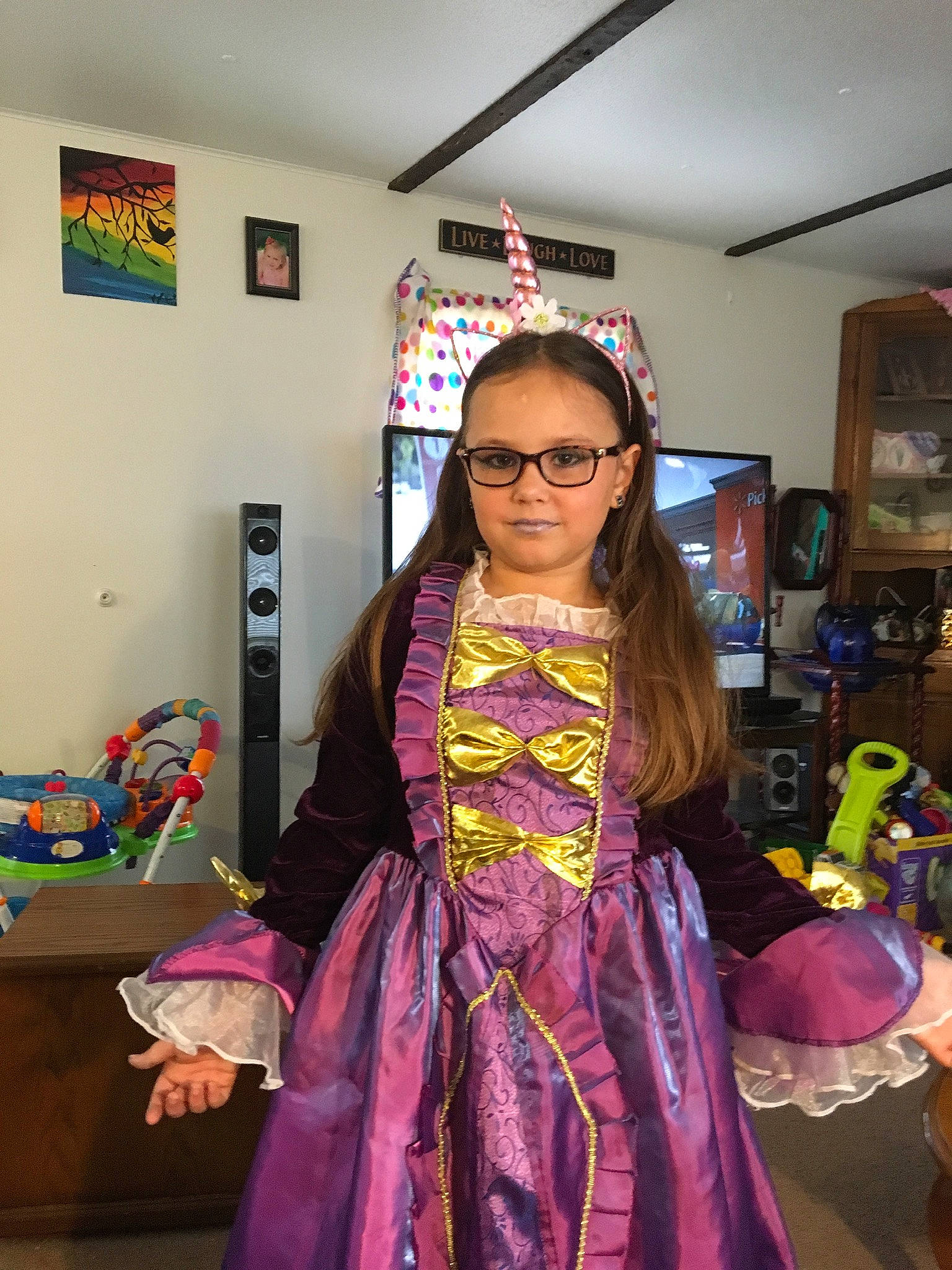 Gloria joined the competition — help win amazing prizes! costume, dress, fashion_design, long_hair, outerwear, person, pink, purple, room