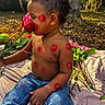 blanket, child, cute, flower, grass, greenery, happy, jeans, kiss_marks, lipstick_marks, nature, outdoor, playing, portrait, rose, shirtless, sitting, sunlight, toddler, tree