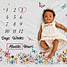 Ailyn is registered to the contest to win money with this photo: baby, infant, child, milestone_blanket, months, number_three, heart, pink_box, dress, headband, flowers, floral_pattern, butterflies, colorful, smiling, cute, lying_down, celebration, decorative, innocence