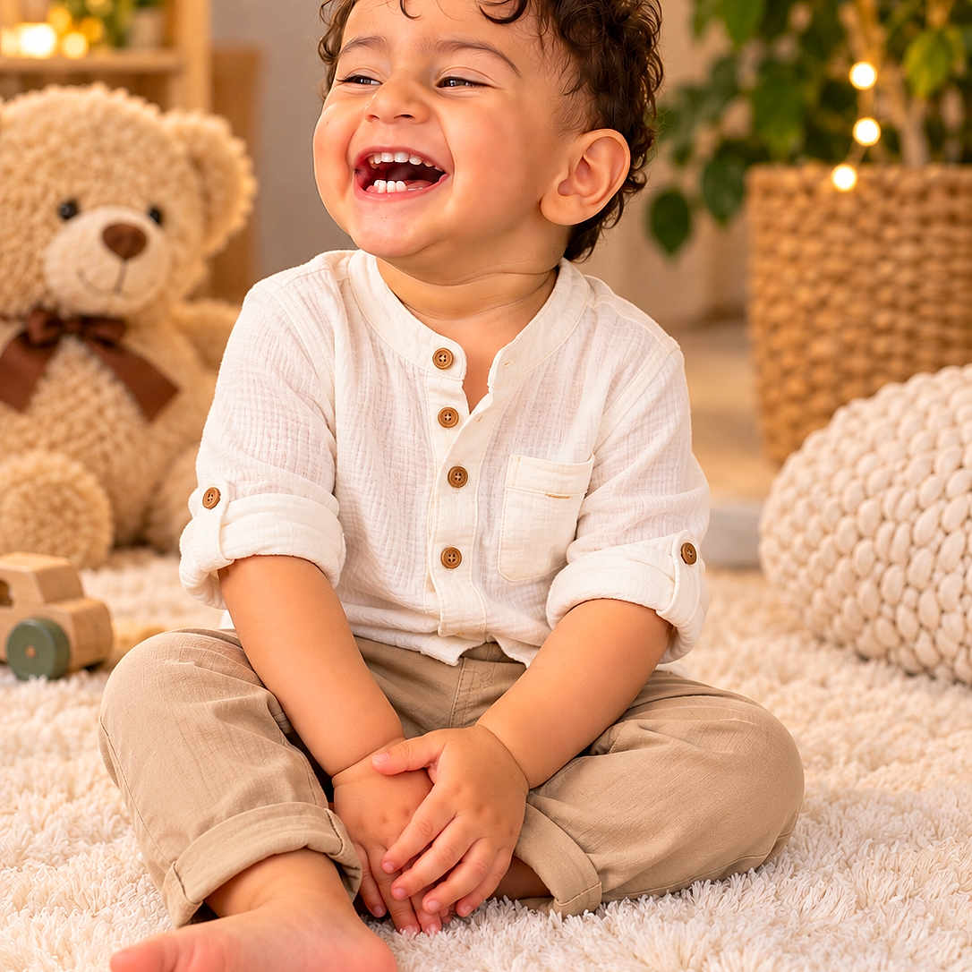 Arshin Khamisi joined the competition — help win amazing prizes! child, toddler, smiling, laughing, portrait, curly_hair, sitting, cross_legged, indoor, cozy, warm_lighting, white_shirt, beige_pants, barefoot, fluffy_rug, teddy_bear, houseplant, string_lights, nursery, happy