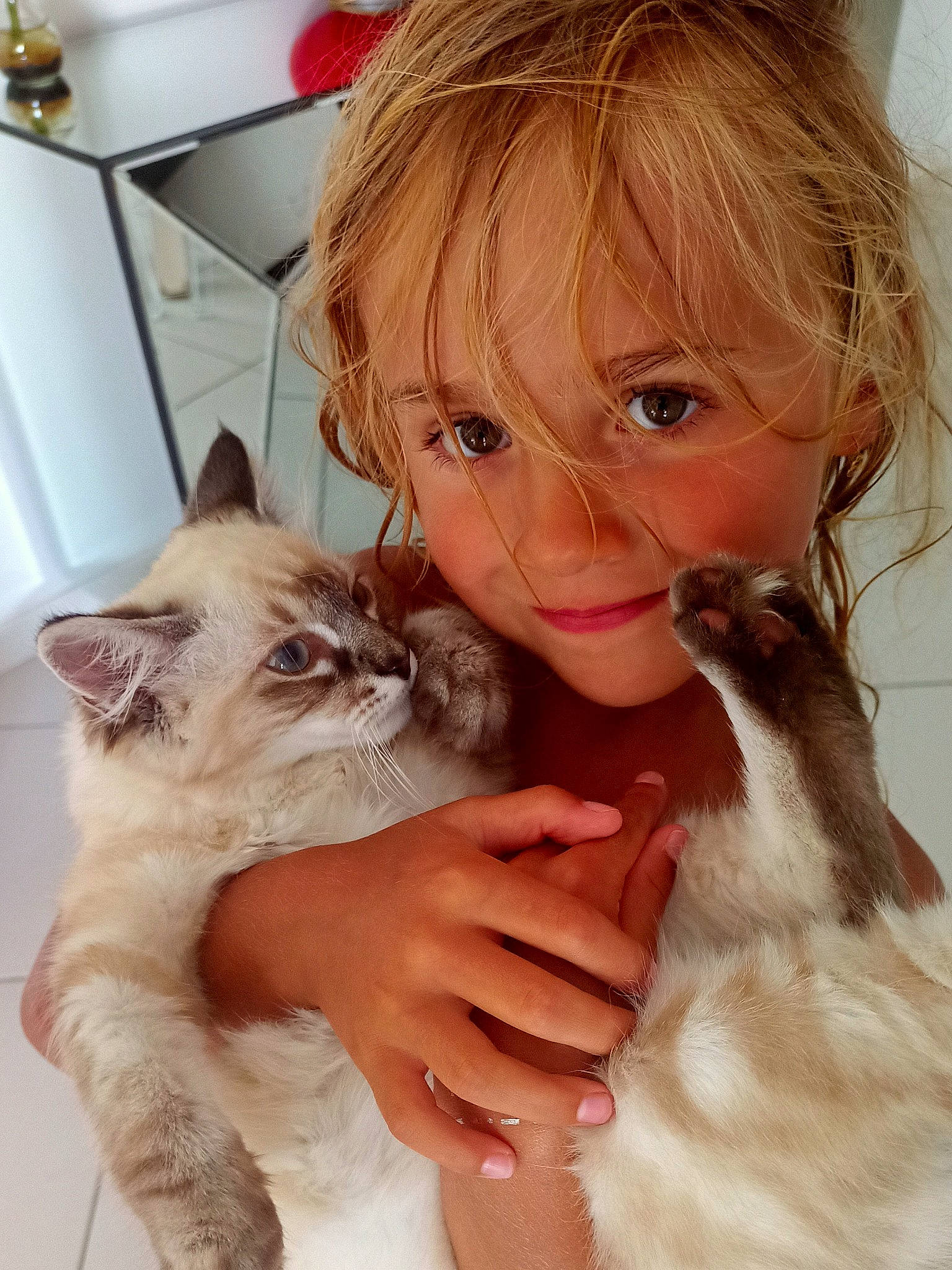 Ilina participe au concours pour gagner de l'argent avec cette photo : carnivore, cat, ear, eyelash, fawn, felidae, gesture, hair, hairstyle, hand, happy, iris, joy, mammal, neck, nose, person, shoulder, skin, small_to_medium_sized_cats