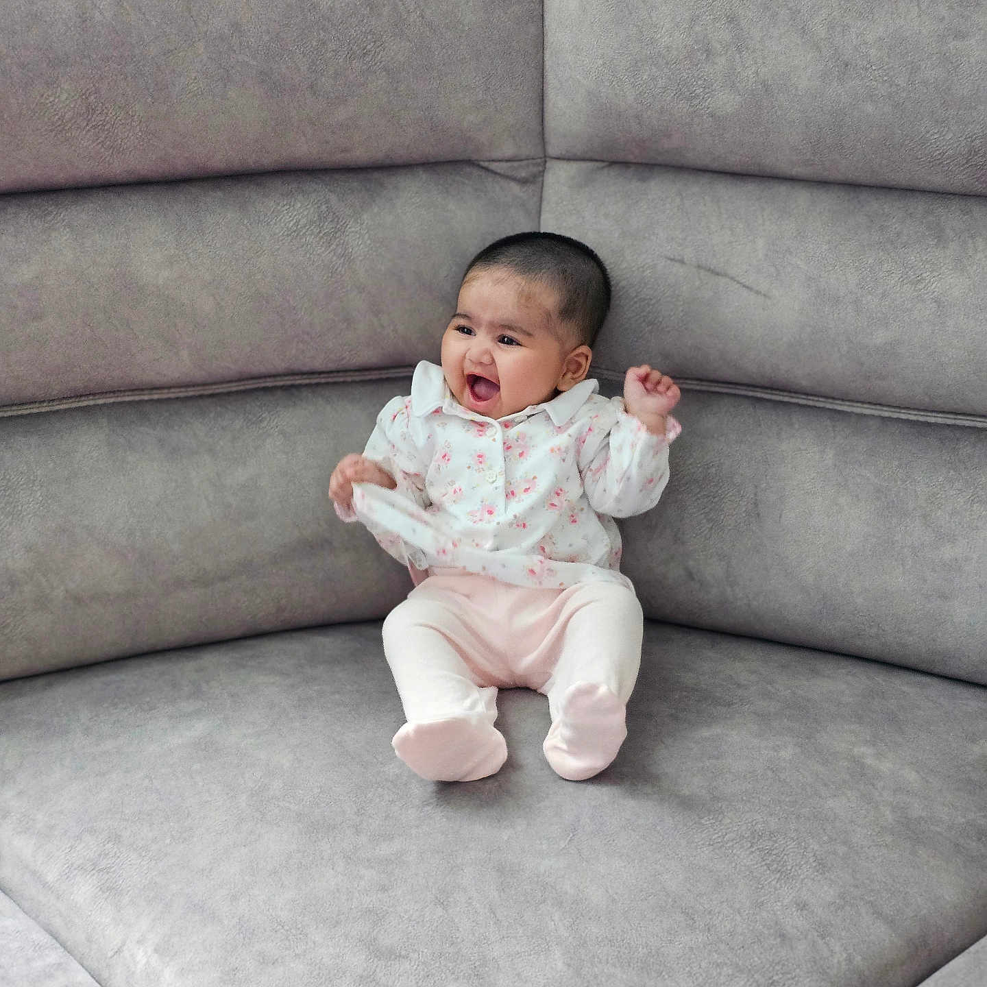 Ayla joined the competition — help win amazing prizes! architecture, baby, babylaughing, building, chair, clothing, couch, cushion, face, furniture, happy, head, homedecor, indoors, laughing, pants, person, photography, portrait, sitting