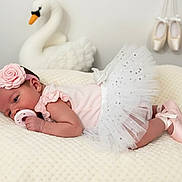 Arabella is registered to the contest to win money with this photo: baby, infant, tutu, headband, pacifier, blanket, ballet_shoes, plush_toy, swan, pink, white, sleeping, cute, soft, decor, wall, lying_down, indoors, child, portrait