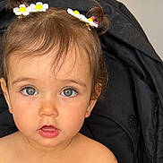 Layane participe au concours pour gagner de l'argent avec cette photo : toddler, child, baby, girl, pigtails, hair_clips, daisy, pink_clothing, bow, stroller, black_strap, indoor, curious_expression, blue_eyes, cute, portrait, seatbelt, face, skin, small_earrings
