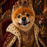 Kiara is registered to the contest to win money with this photo: dog, pomeranian, crown, royalty, throne, robe, fur, jewelry, portrait, indoor, luxury, red_velvet, gold, decoration, painting, flowers, regal, animal, cute, expression