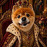 dog, pomeranian, crown, royalty, throne, robe, fur, jewelry, portrait, indoor, luxury, red_velvet, gold, decoration, painting, flowers, regal, animal, cute, expression