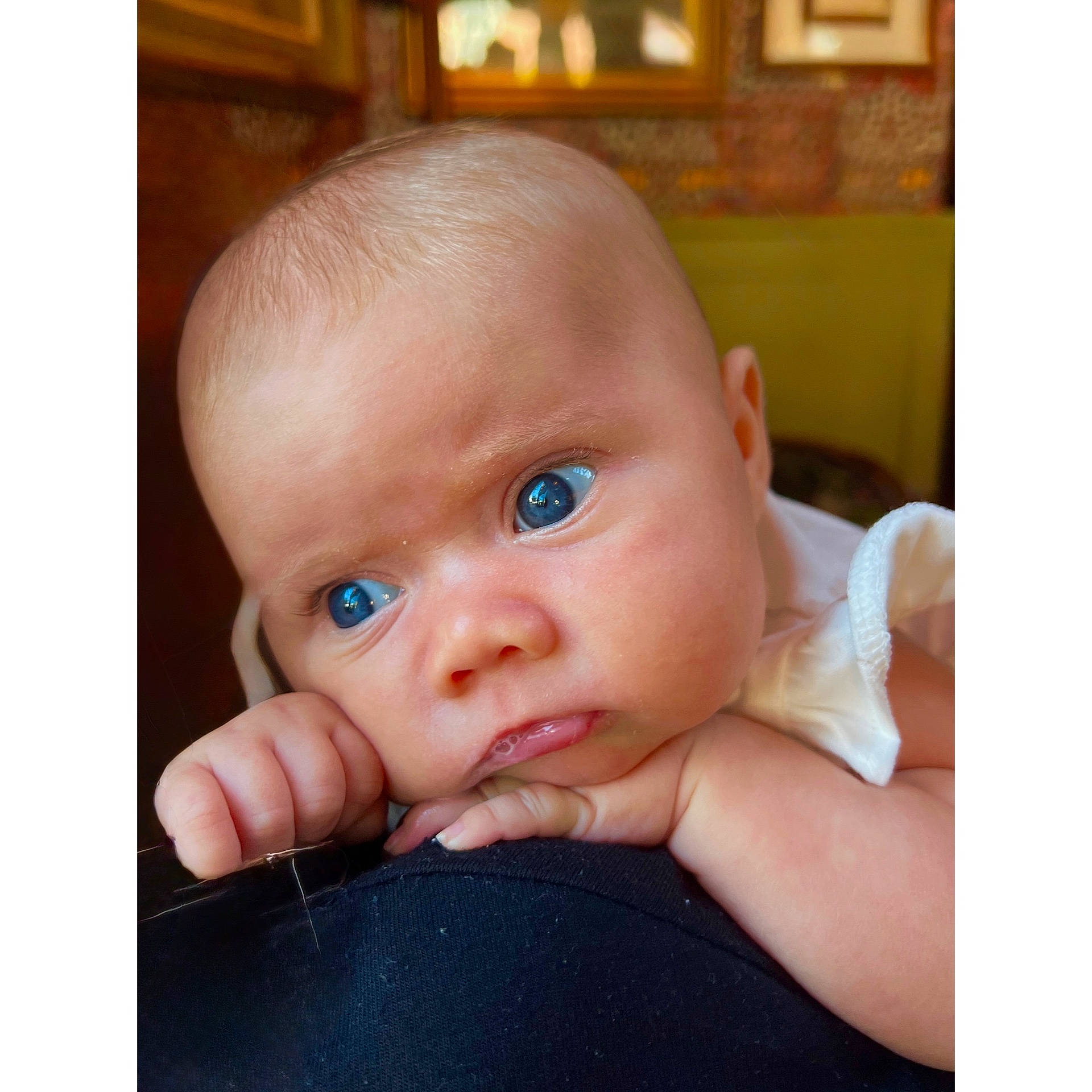 Grace is registered to the contest to win money with this photo: baby, background, blue_eyes, child, closeup, clothing, curious, cute, drool, expression, face, hands, indoor, infant, newborn, person, portrait, resting, skin, soft_lighting