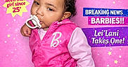 Leilani joined the competition — help win amazing prizes! baby, barbie, birthday, celebration, child, curly_hair, cute, fashion, jacket, magazine_cover, pacifier, pants, pink_clothing, portrait, pose, smiling, sparkles, studio, text_overlay, toddler