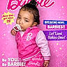 toddler, child, pink_clothing, pacifier, magazine_cover, barbie, birthday, sparkles, text_overlay, cute, baby, portrait, smiling, jacket, pants, curly_hair, celebration, fashion, pose, studio