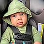 baby, child, car_seat, green_hoodie, straps, infant, cute, face, hand, seatbelt, safety, clothing, portrait, indoors, young_child, expressive_eyes, hood, casual_wear, closeup, person