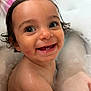Elizabeth is registered to the contest to win money with this photo: toddler, child, bath, bubble_bath, smiling, happy, wet_hair, water, foam, skin, face, teeth, cute, joy, playful, closeup, head, shoulders, indoors, person