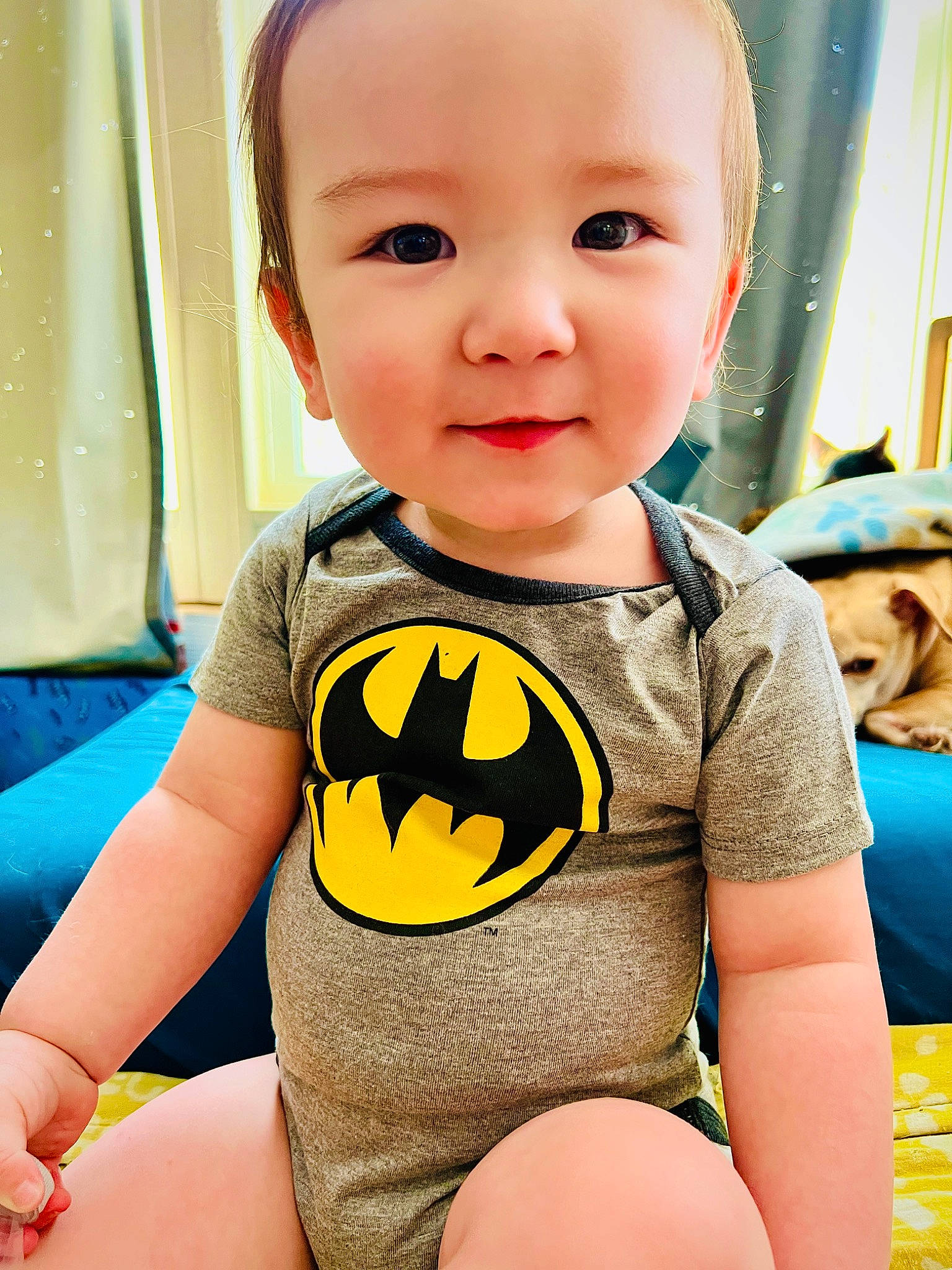 Ronin is registered to the contest to win money with this photo: baby, baby_toddler_clothing, blue, child, eye, fun, happy, human_body, human_leg, knee, leisure, mouth, person, product, skin, sleeve, smile, thigh, toddler, trunk
