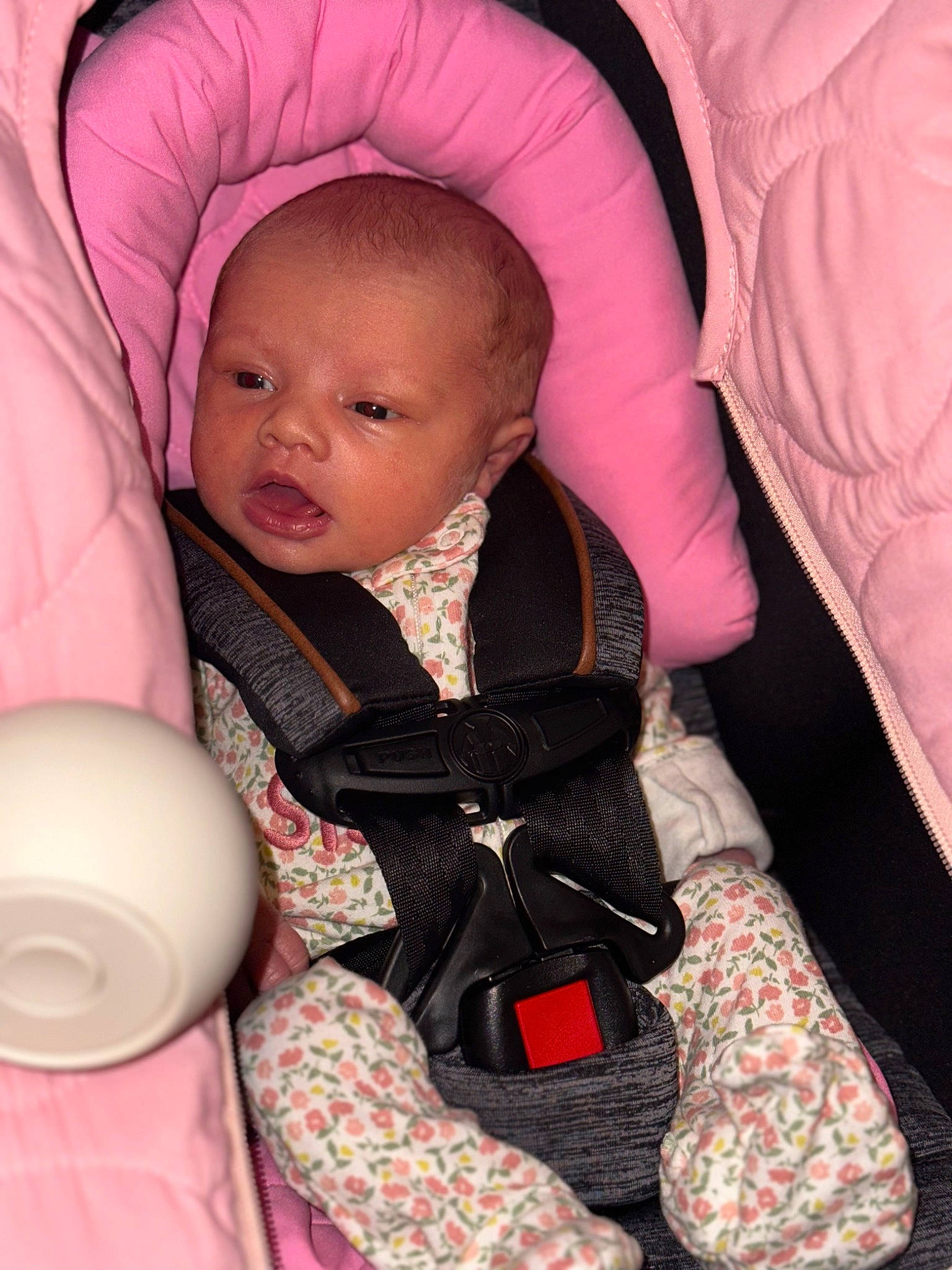 Brynlee is registered to the contest to win money with this photo: baby, baby_carriage, baby_in_car_seat, baby_products, baby_safety, baby_toddler_clothing, car_seat, cheek, child, comfort, finger, linens, outerwear, person, pink, product, sitting, skin, sleeve, textile