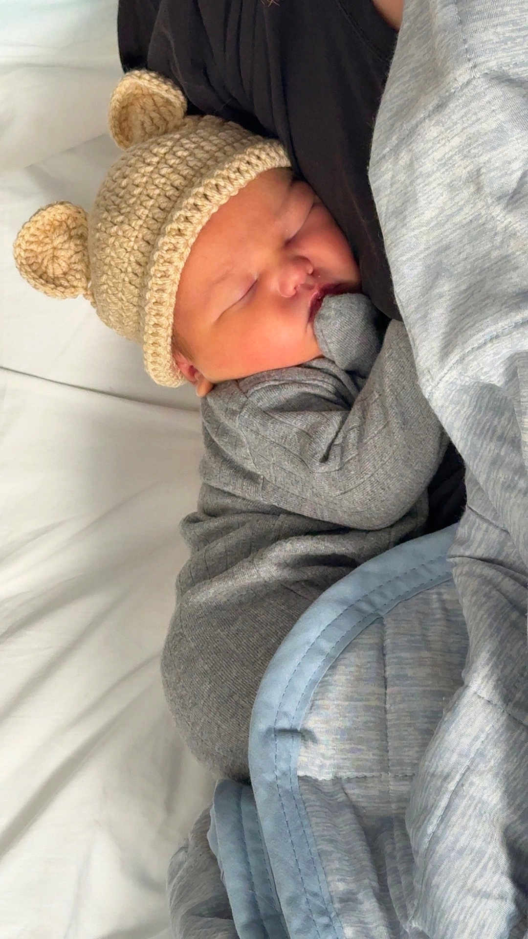 Camille joined the competition — help win amazing prizes! baby, newborn, sleeping, hat, knit_hat, bear_ears, gray_clothing, blanket, bed, person, cozy, soft, indoor, cute, infant, rest, peaceful, warm, close_up, comfort