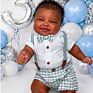 Samaj joined the competition — help win amazing prizes! baby, smiling, child, bow_tie, suspenders, checkered_clothing, balloons, silver_balloon, number_3, celebration, birthday, blue_balloon, white_balloon, festive, happy, cute, portrait, studio, posing, infant