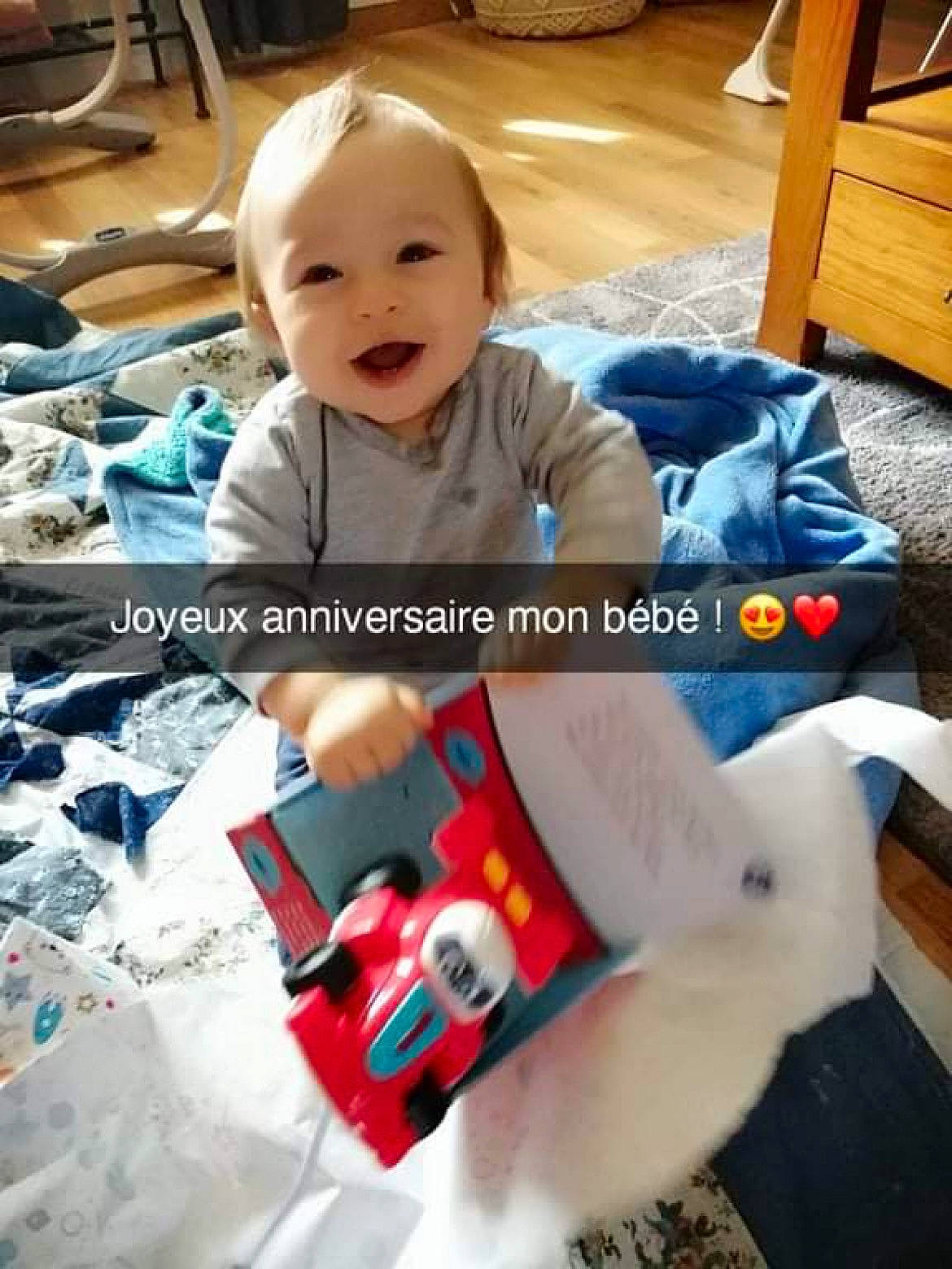 Maël participe au concours pour gagner de l'argent avec cette photo : baby, baby_toddler_clothing, cheek, child, cool, facial_expression, flooring, fun, happy, person, product, shirt, skin, sleeve, smile, snapshot, t_shirt, textile, toddler, white