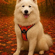 Uky a rejoint le concours — aidez-le/la à gagner de superbes lots ! autumn, canine, cute, dog, fall_leaves, forest, fur, happy, leaf_litter, nature, orange_harness, outdoor, path, pet, portrait, samoyed, seasonal, sitting, smiling, white_dog