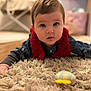 baby, child, carpet, toy, indoor, floor, red_scarf, denim, curious, face, hand, head, eyes, playing, soft, warm, crawling, cute, infant, home