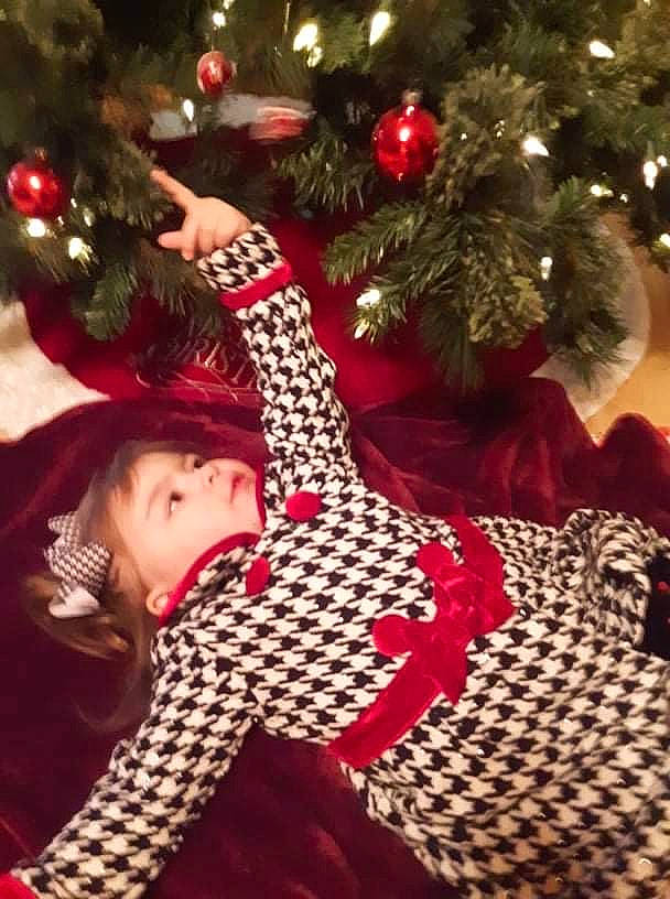 Charlotte Grace joined the competition — help win amazing prizes! christmas, christmas_decoration, christmas_eve, christmas_ornament, christmas_tree, conifer, event, evergreen, fawn, happy, holiday, holiday_ornament, ornament, pattern, person, plant, sleeve, toddler, tradition, tree