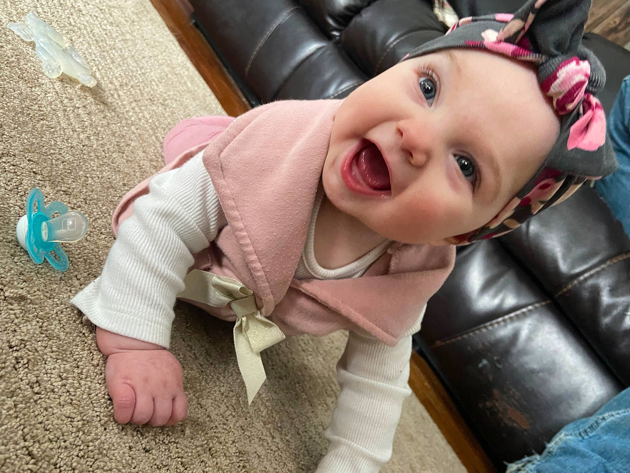 Sophia is registered to the contest to win money with this photo: baby, baby_toddler_clothing, car_seat, cheek, child, comfort, face, flash_photography, flooring, fun, happy, head, headwear, iris, mouth, nose, person, photograph, sitting, skin