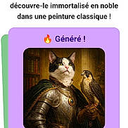 Vagabond a rejoint le concours — aidez-le/la à gagner de superbes lots ! screenshot, mobile_app, text, cat, portrait, armor, falcon, digital_art, classical_painting, medieval, pet, animal, interface, button, colorful, french_text, aristocratic, illustration, generated_image, screen