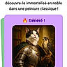 screenshot, mobile_app, text, cat, portrait, armor, falcon, digital_art, classical_painting, medieval, pet, animal, interface, button, colorful, french_text, aristocratic, illustration, generated_image, screen