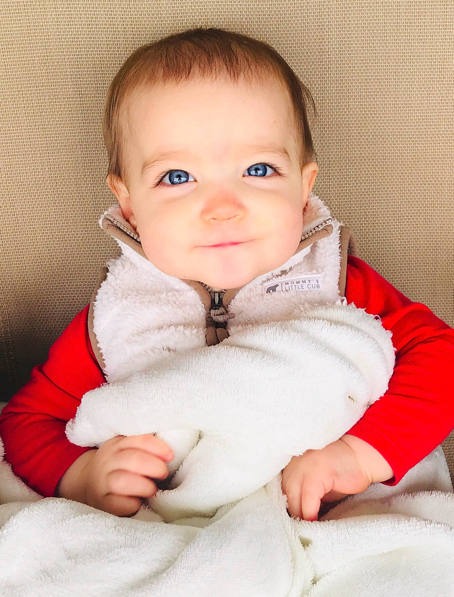 Harper joined the competition — help win amazing prizes! arm, baby, baby_toddler_clothing, cheek, collar, comfort, eye, eyebrow, gesture, hair, happy, iris, jacket, lip, nose, outerwear, person, skin, sleeve, smile
