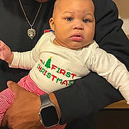 Cicari joined the competition — help win amazing prizes! baby, child, person, holding, christmas, holiday, festive_clothing, striped_pants, blue_eyes, face, expression, sweater, watch, necklace, hand, indoor, closeup, portrait, cute, family