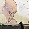 dog, mural, wall_art, street_art, painted_woman, braided_hair, earring, red_sun, birds, asphalt, outdoor, daylight, sitting_dog, collar, shadow, urban, graffiti, side_view, profile, nature