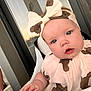 baby, child, blue_eyes, headband, dress, high_chair, face, skin, cute, infant, clothing, pattern, bear_print, chubby_cheeks, expression, indoor, natural_light, person, portrait, curious