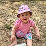 Lola a rejoint le concours — aidez-le/la à gagner de superbes lots ! toddler, child, pink_hat, mickey_mouse, bucket_hat, pink_shirt, floral_leggings, barefoot, water_bottle, pebbles, outdoor, grass, sitting, happy, smiling, baby, cute, nature, sunlight, playful